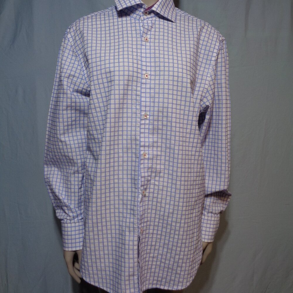 Michelsons London blue square patterned button up, size medium